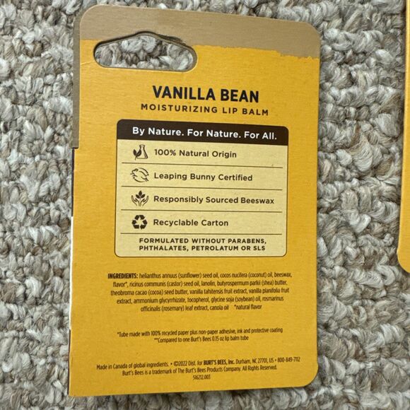 Burt’s Bees Vanilla Bean Lip Balm 2 Pack Paper Tube 0.34 oz Each NEW Natural - Picture 2 of 2